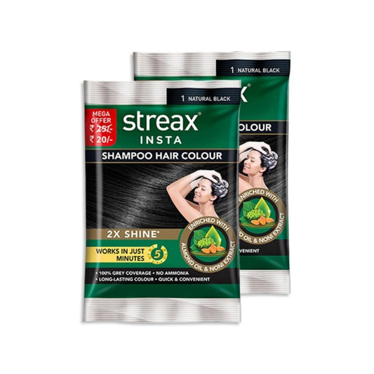 Streax Insta Shampoo Hair Colour For Unisex, Enriched With Almond Oil & Noni Extracts, Long-Lasting Instant Colour - Natural Black, 18ml (Pack Of 24)