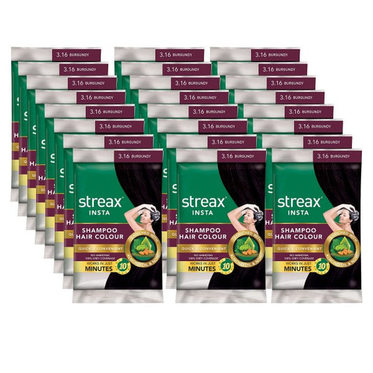 Streax Insta Shampoo Hair Colour For Unisex Enriched With Almond Oil & Noni Extracts, Long-Lasting Instant Colour, 18ml (Pack Of 24) - Burgundy