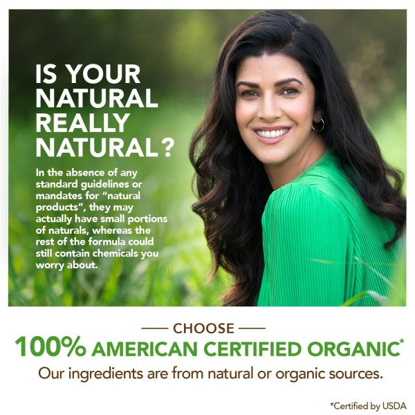 Woman in green shirt with text about natural products and organic certification.