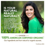 Woman in green shirt with text about natural products and organic certification.