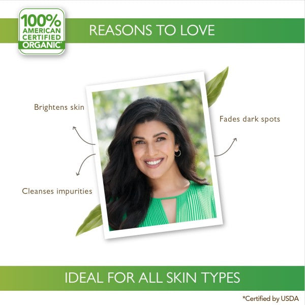 Advertisement for organic skincare with a woman's face and text about product benefits on a green background.