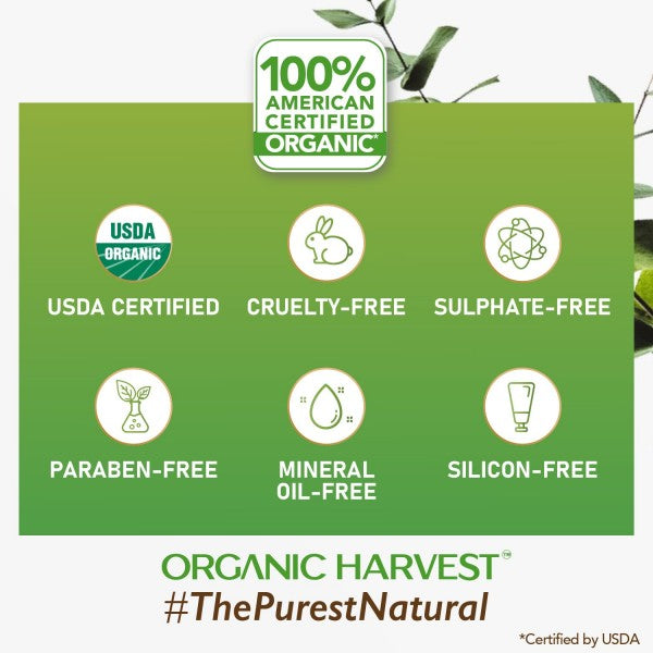 Certification labels for organic, USDA certified, cruelty-free, sulfate-free, paraben-free, mineral oil-free, and silicon-free products on a green background.