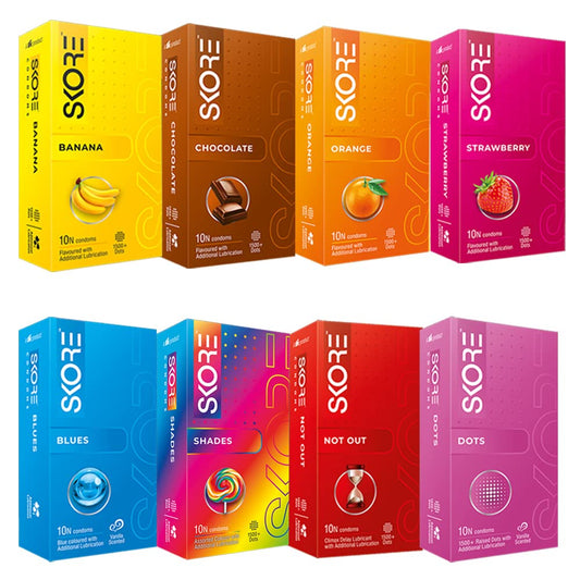 SKORE Assorted Condoms Combo Pack - Flavored, Dotted, Delay & Colored for Enhanced Pleasure