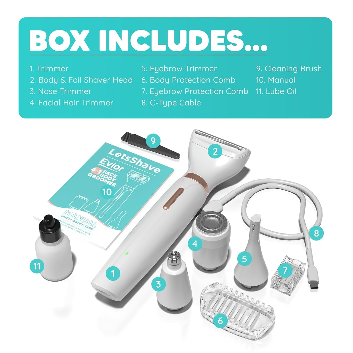 LetsShave Evior 4-in-1 Face & Body Trimmer for Women | Bikini, Facial Hair & Eyebrow Trimmer | Skin-Safe Groomer with Bikini Razor