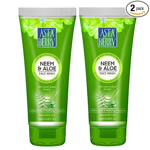 Astaberry Neem & Aloe Face Wash | Enriched with Neem, Aloe Vera & Basil | Oil Control | Pack of 2, 60ml each