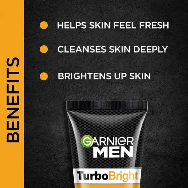 Garnier Men Turbo Bright Brightening Face Wash, 2 in 1 Brightning+Refreshing With Lemon Extract, 100g