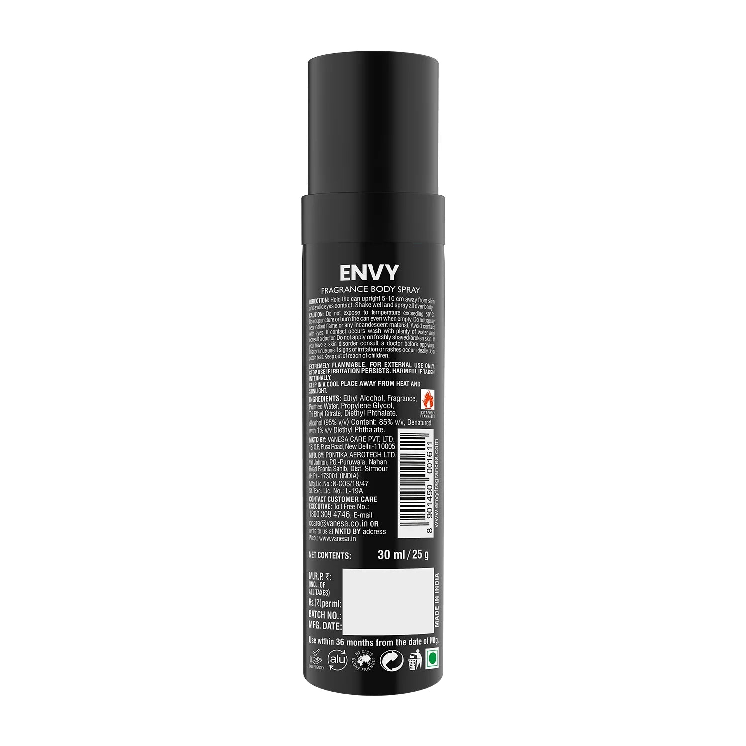 Close-up of ENVY Blaze Nano Deodorant 30ml bottle showing product design and branding.