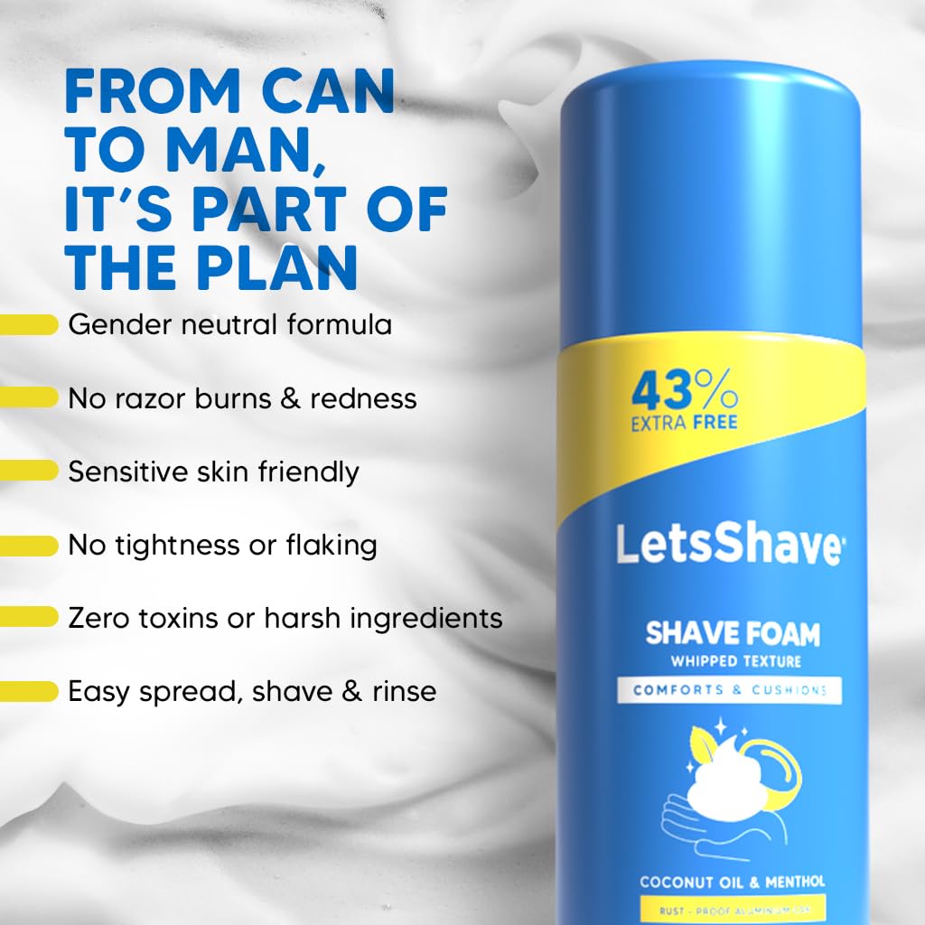 LetsShave Sensitive Shave Foam 425g – Coconut Oil & Menthol | Paraben & Sulphate Free | Rust-Proof Can | Smooth & Irritation-Free Shave