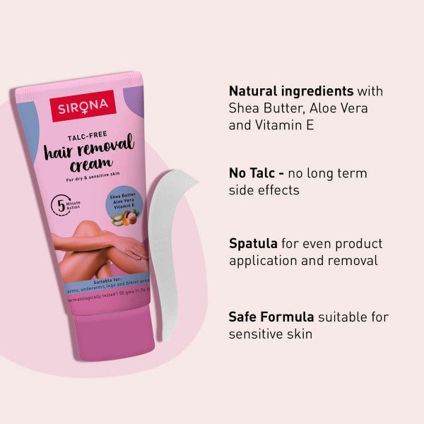 Sirona Talc Free Hair Removal Cream For Dry & Sensitive Skin With Aloevera, Vitamin E & Shea Butter (50 g)
