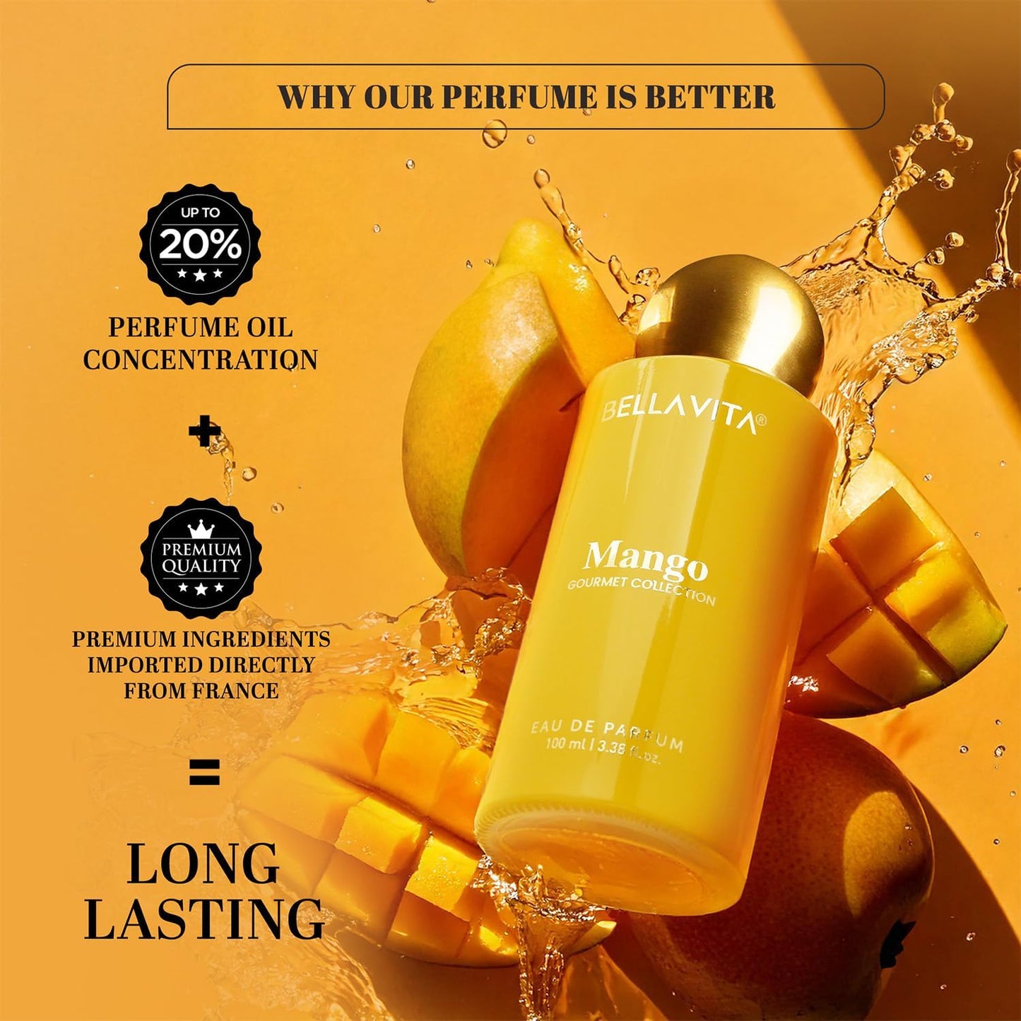 Bella Vita Gourmet Mango Eau De Parfum 100ml | Long-Lasting Unisex Perfume | Exotic Mango, Floral & Woody Notes | Premium Fragrance for Men & Women