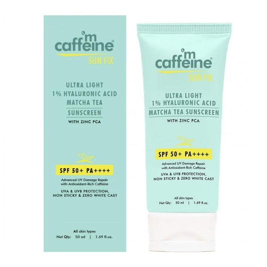 mCaffeine Sun Fix Ultra Light 1% Hyaluronic Acid Matcha Tea Sunscreen for All Skin Type Spf 50+ & Pa++++ Uva-Uvb & Blue Light Protection|No White Cast|Controls Oil|Non-Sticky|Fragrance Free - 50Ml