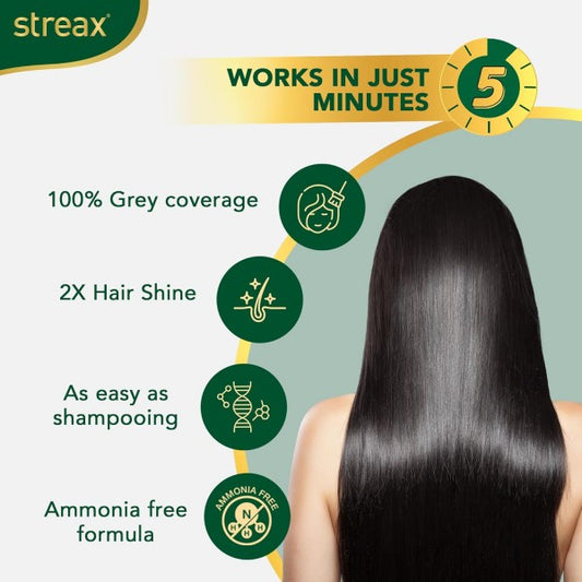 Streax Insta Shampoo Hair Colour For Unisex, Enriched With Almond Oil & Noni Extracts, Long-Lasting Instant Colour - Natural Black, 18ml (Pack Of 24)