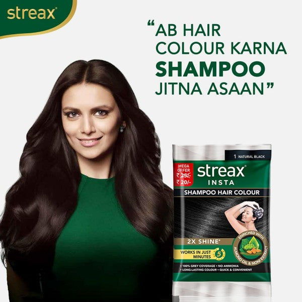 Streax Insta Shampoo Hair Colour For Unisex, Enriched With Almond Oil & Noni Extracts, Long-Lasting Instant Colour - Natural Black, 18ml (Pack Of 24)