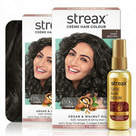 Streax Hair Colour Dark Brown 3 120ml pack of 2 with Streax Walnut Hair Serum 90ml combo