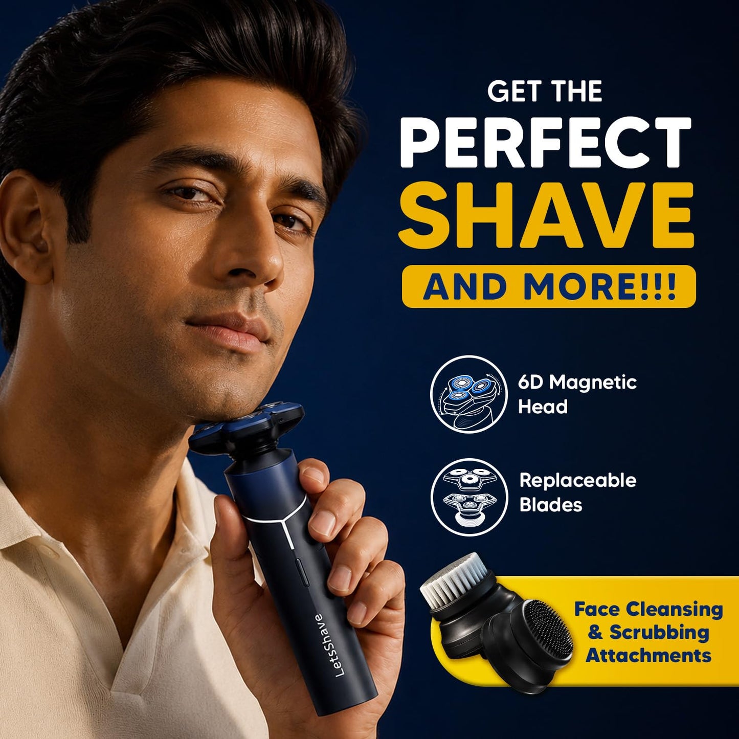 LetsShave 360 Pro Electric Shaver for Men – 6D Skin Adaptation, Wet & Dry Use, Self-Sharpening Blades, Face Cleansing & Scrubbing Attachments, 60+ Min Runtime, USB-C Fast Charging, 3 Years Warranty