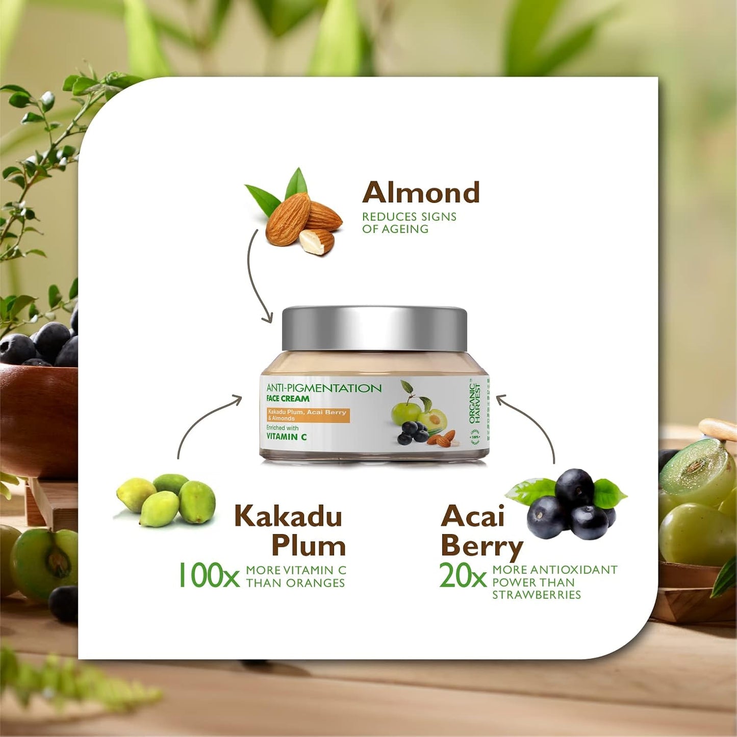 Organic Harvest Anti-Pigmentation Face Cream | Kakadu Plum, Acai Berry & Almonds | Vitamin C Cream for Dark Spots | 100% Organic | Paraben & Sulphate Free | 50g