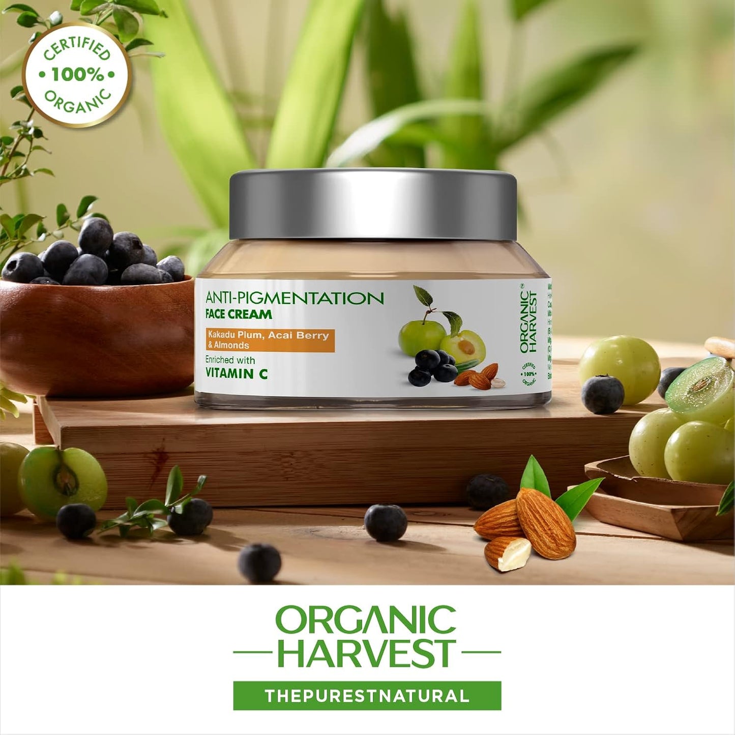 Organic Harvest Anti-Pigmentation Face Cream | Kakadu Plum, Acai Berry & Almonds | Vitamin C Cream for Dark Spots | 100% Organic | Paraben & Sulphate Free | 50g