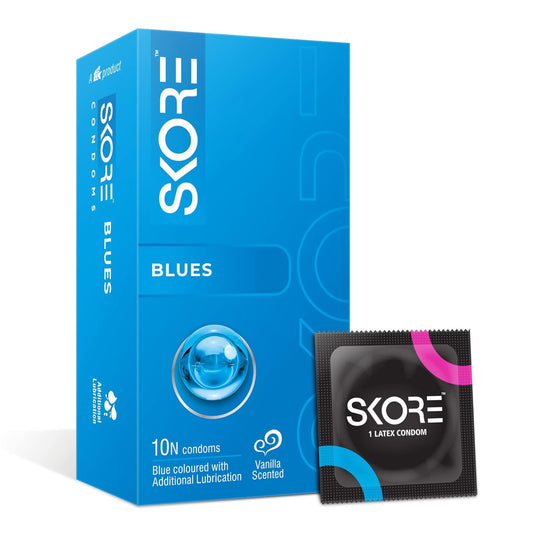 SKORE Blues Vanilla Scented Blue Condoms with Extra Lubrication |10 Count(10Nx8)