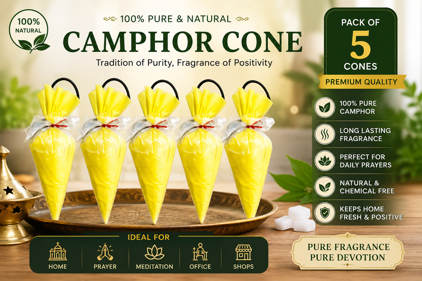 Sacred Roots Lemongrass Camphor Cone Pack of 5 | 60gm Each | Natural Air Freshener for Home, Car, Office & Wardrobe