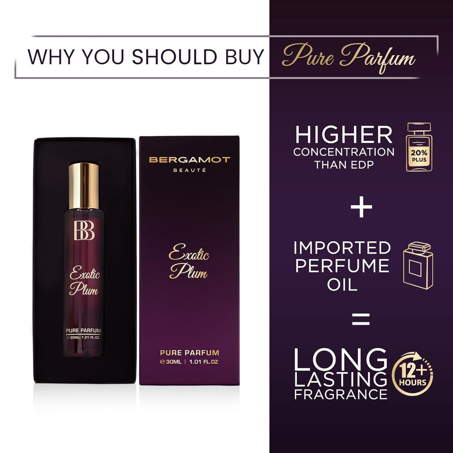 Bergamot Beaute EXOTIC PLUM Pure Parfum| Plum, Honey & Vanilla | 12+ Hrs Long Lasting Perfume for Women | Higher Concentration than EDP 30ML