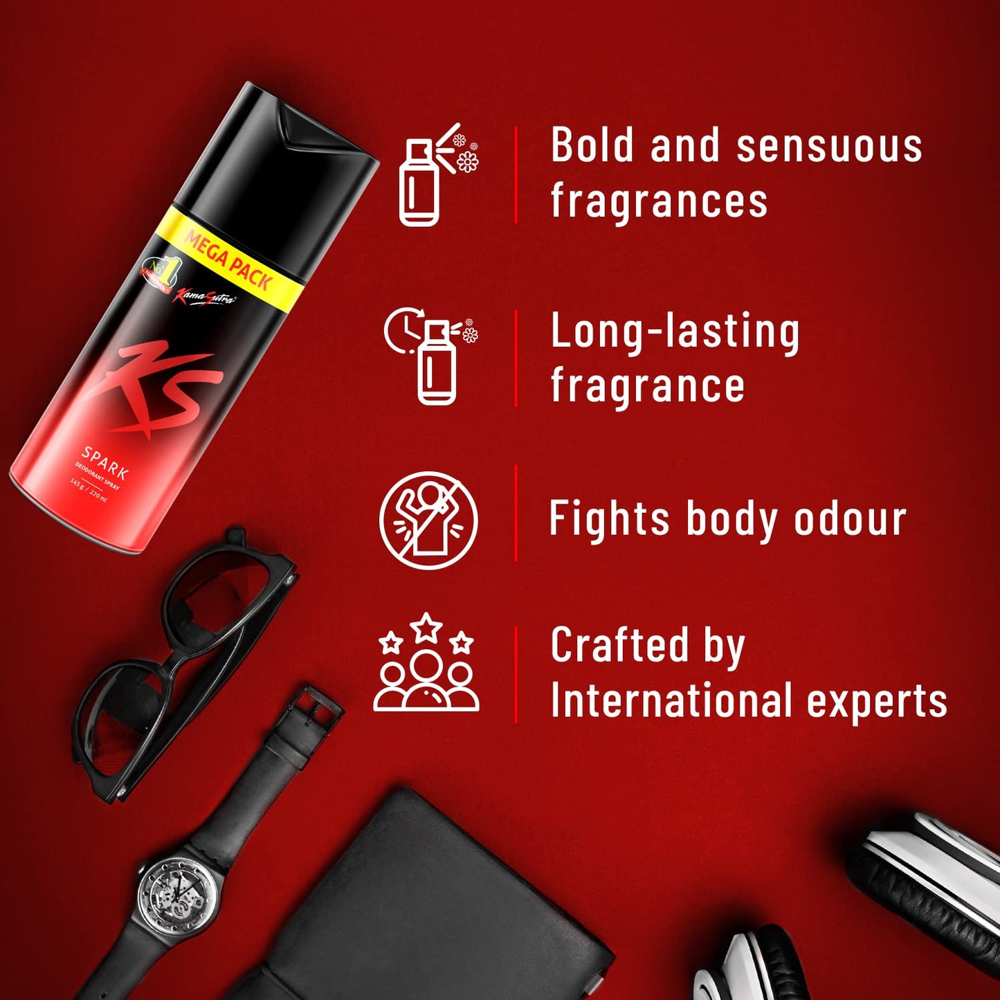 KS Spark Deodorant Spray Combo Pack of 2 (190ml Each) | Long Lasting Freshness Body Spray for Men