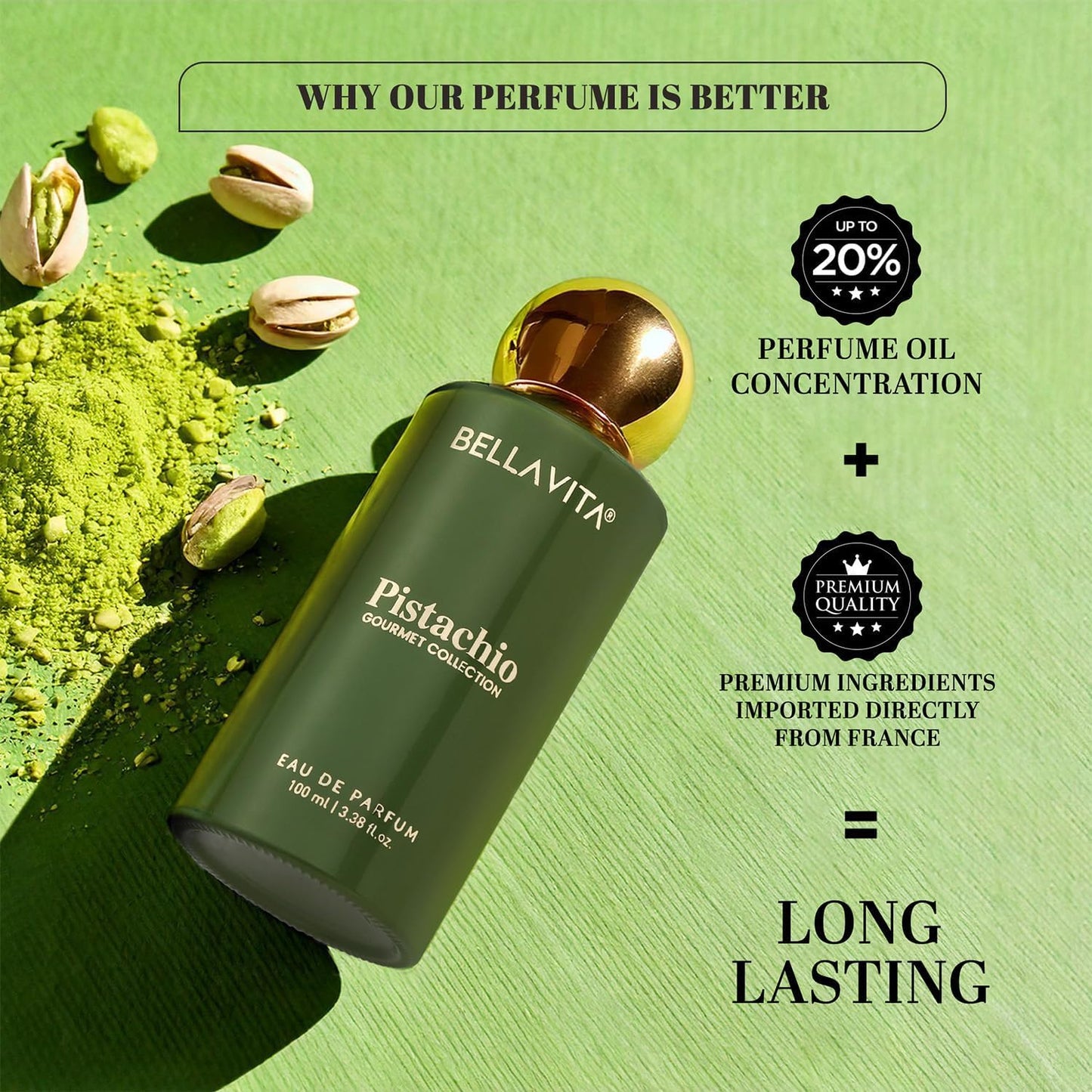 Bella Vita Gourmet Pistachio Eau De Parfum 100ml | Long-Lasting Unisex Perfume | Creamy Nutty, Floral & Woody Fragrance for Men & Women