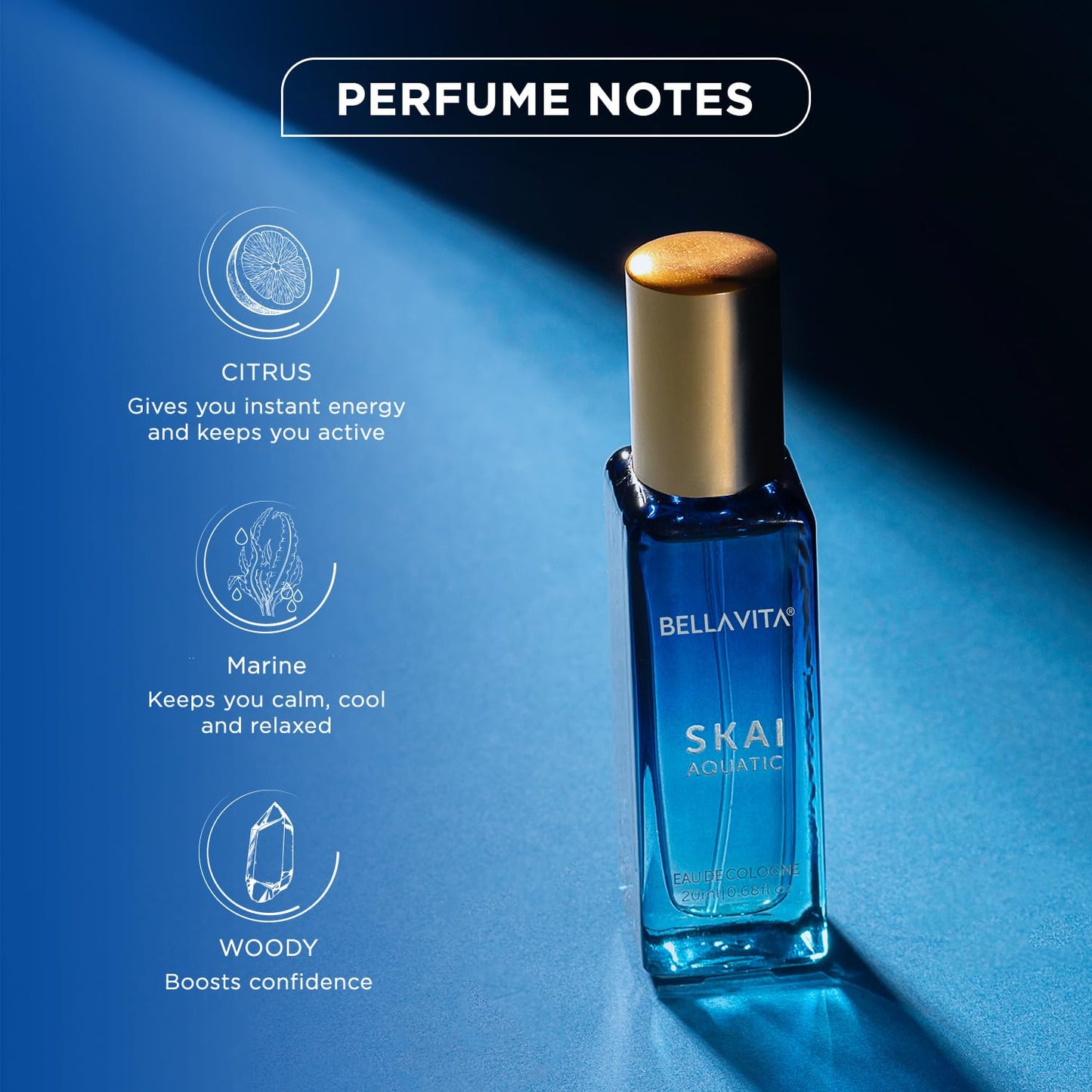 Bella Vita Luxury Skai Aquatic Eau De Cologne 20ml | Long Lasting Unisex Perfume | Bergamot, Lavender & Patchouli Woody Fragrance