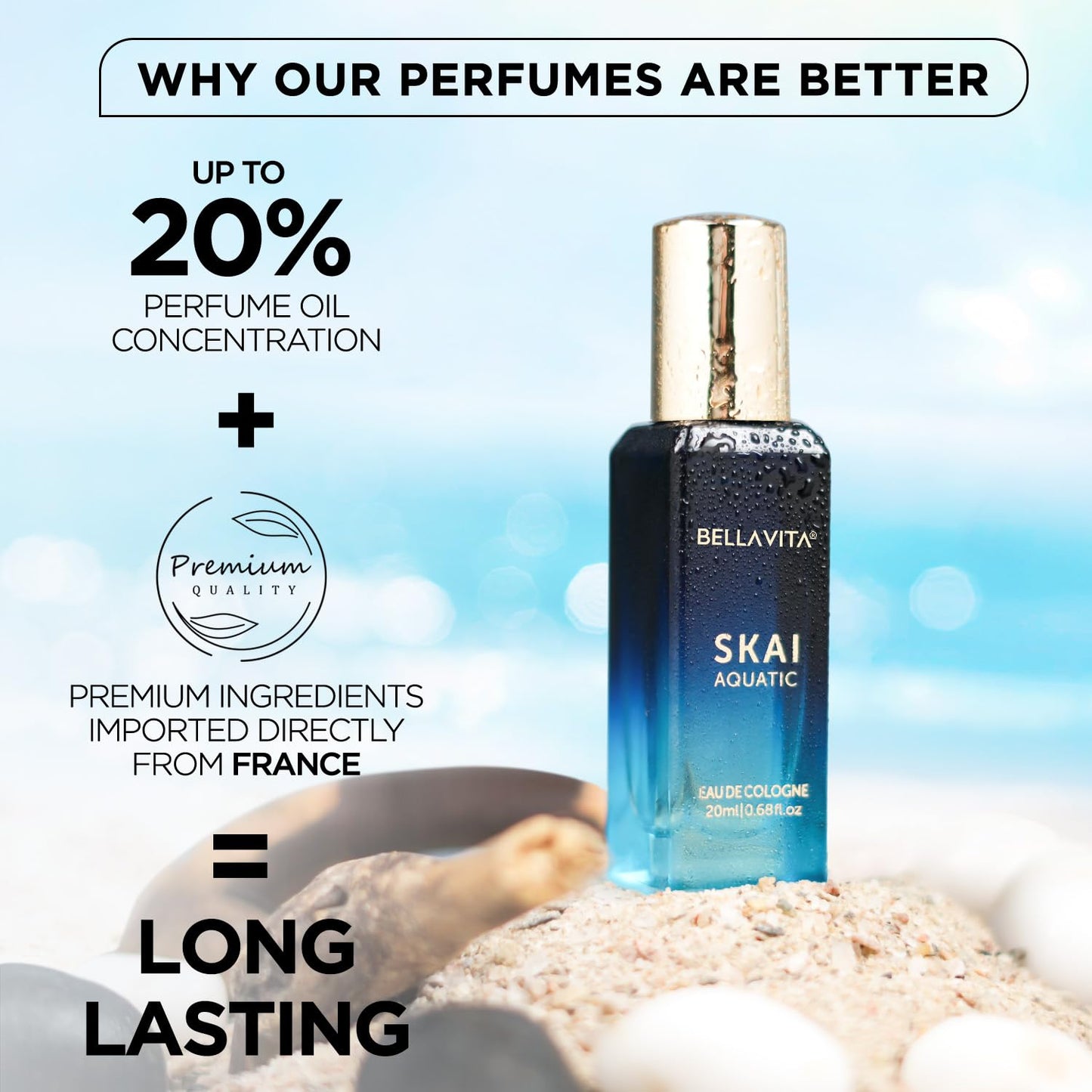 Bella Vita Luxury Skai Aquatic Eau De Cologne 20ml | Long Lasting Unisex Perfume | Bergamot, Lavender & Patchouli Woody Fragrance