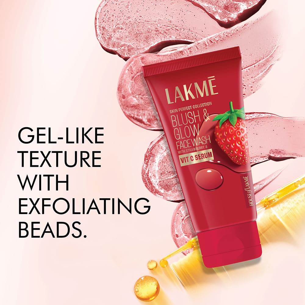 Lakme Blush & Glow Strawberry Refreshing Gel Face Wash 100 g, With 100% Natural Fruit for Glowing Skin - Daily Gentle Exfoliating Facial Cleanser