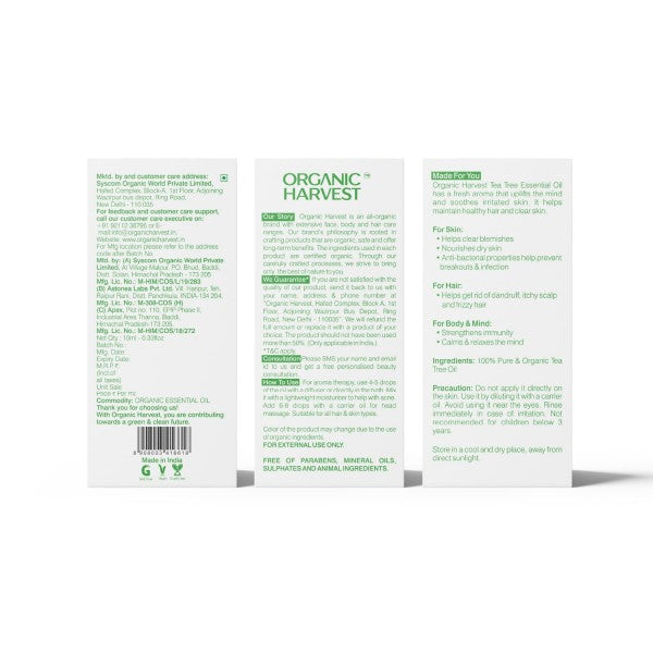 Organic Harvest Tea Tree Essential Oil, Pure & Undiluted Therapeutic Grade Oil, Excellent for Aromatherapy, 100% American Certified Organic, Paraben & Sulphate Free - 10ml