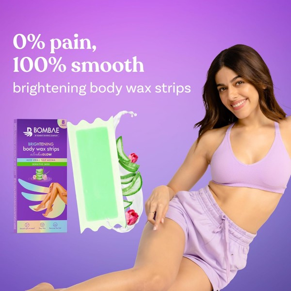Bombae Full Body Wax Strips with Aloe Vera for Women (8+2 Strips)| Full Body Cold Wax Strips for Sensitive Arms, Underarms, Legs | Post-wax Wipes for mess-free, Smooth skin