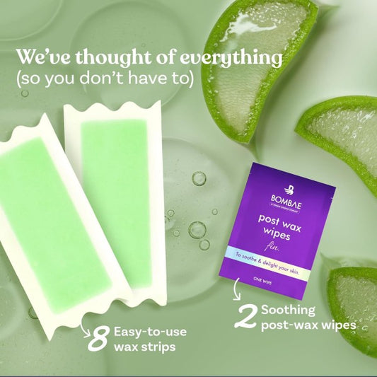 Bombae Full Body Wax Strips with Aloe Vera for Women (8+2 Strips)| Full Body Cold Wax Strips for Sensitive Arms, Underarms, Legs | Post-wax Wipes for mess-free, Smooth skin