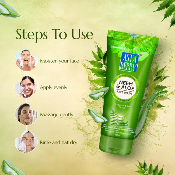 Astaberry Neem & Aloe Face Wash | Enriched with Neem, Aloe Vera & Basil | Oil Control | 60ml