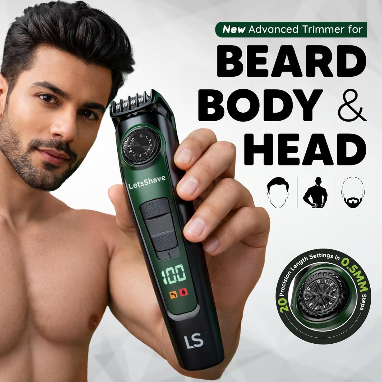 LetsShave All-in-One Beard, Body & Head Trimmer for Men | 20 Precision Length Settings (0.5–10mm) | USB-C Fast Charging | 120 Min Runtime | LED Display | 24 Months Warranty