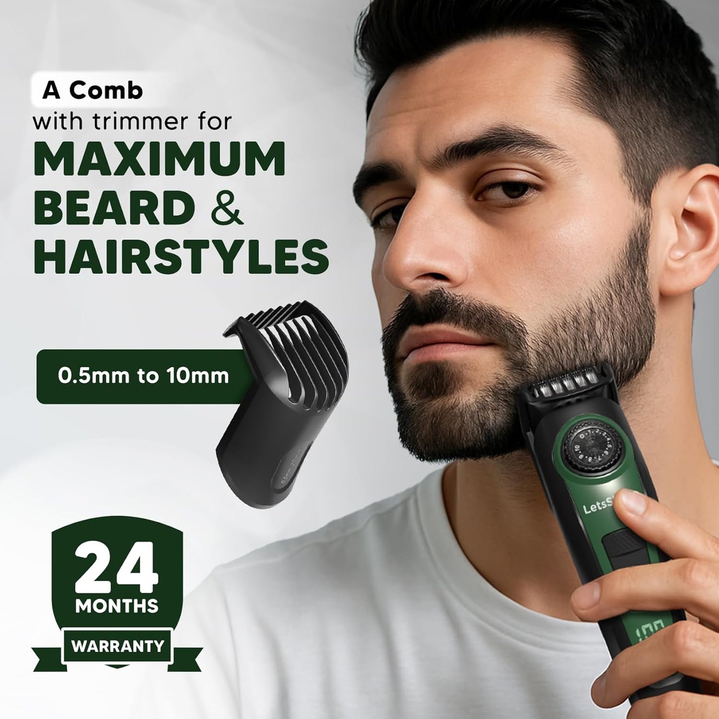 LetsShave All-in-One Beard, Body & Head Trimmer for Men | 20 Precision Length Settings (0.5–10mm) | USB-C Fast Charging | 120 Min Runtime | LED Display | 24 Months Warranty