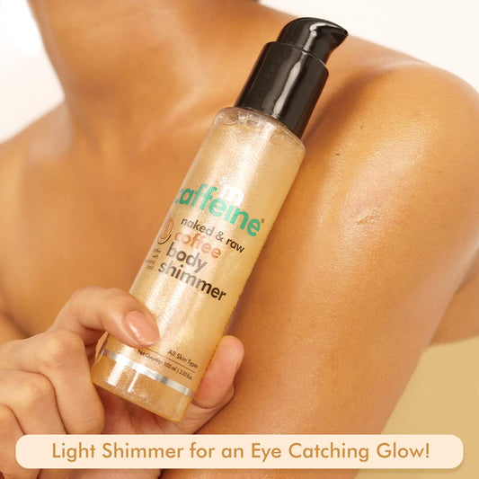 mCaffeine Coffee Body Shimmer for a Glam Ready Skin with Hyaluronic Acid | Soft Glitter & Oil-Free Hydration | Lightweight & Non-Greasy Body Shimmer for Long-lasting Shiny & Matt Finished Look - 105Ml