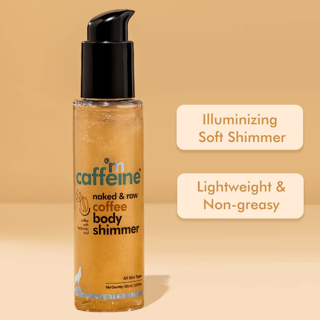 mCaffeine Coffee Body Shimmer for a Glam Ready Skin with Hyaluronic Acid | Soft Glitter & Oil-Free Hydration | Lightweight & Non-Greasy Body Shimmer for Long-lasting Shiny & Matt Finished Look - 105Ml