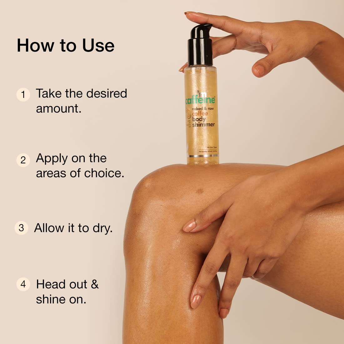 mCaffeine Coffee Body Shimmer for a Glam Ready Skin with Hyaluronic Acid | Soft Glitter & Oil-Free Hydration | Lightweight & Non-Greasy Body Shimmer for Long-lasting Shiny & Matt Finished Look - 105Ml