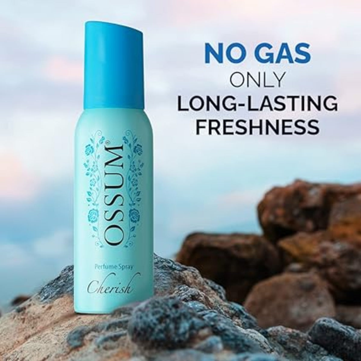 Ossum Cherish perfume spray bottle on a rock with text 'No gas only long-lasting freshness'.