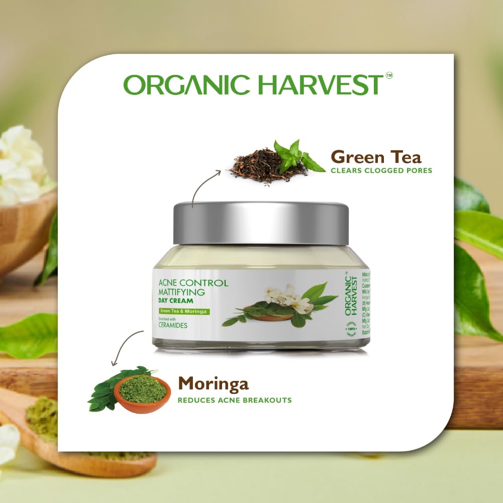 Organic Harvest Acne Control Mattifying Day Cream | Green Tea & Moringa | For Acne-Prone Skin | Oil-Free Hydration | Paraben & Sulphate Free | 50g
