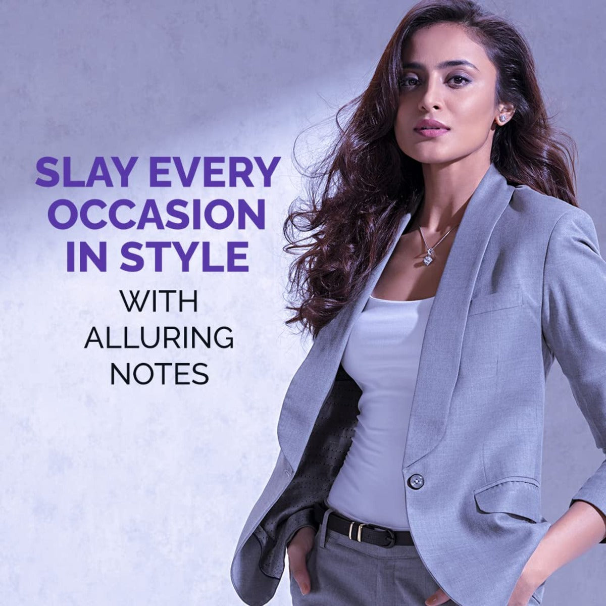 Woman in a gray blazer with promotional text on a light gray background
