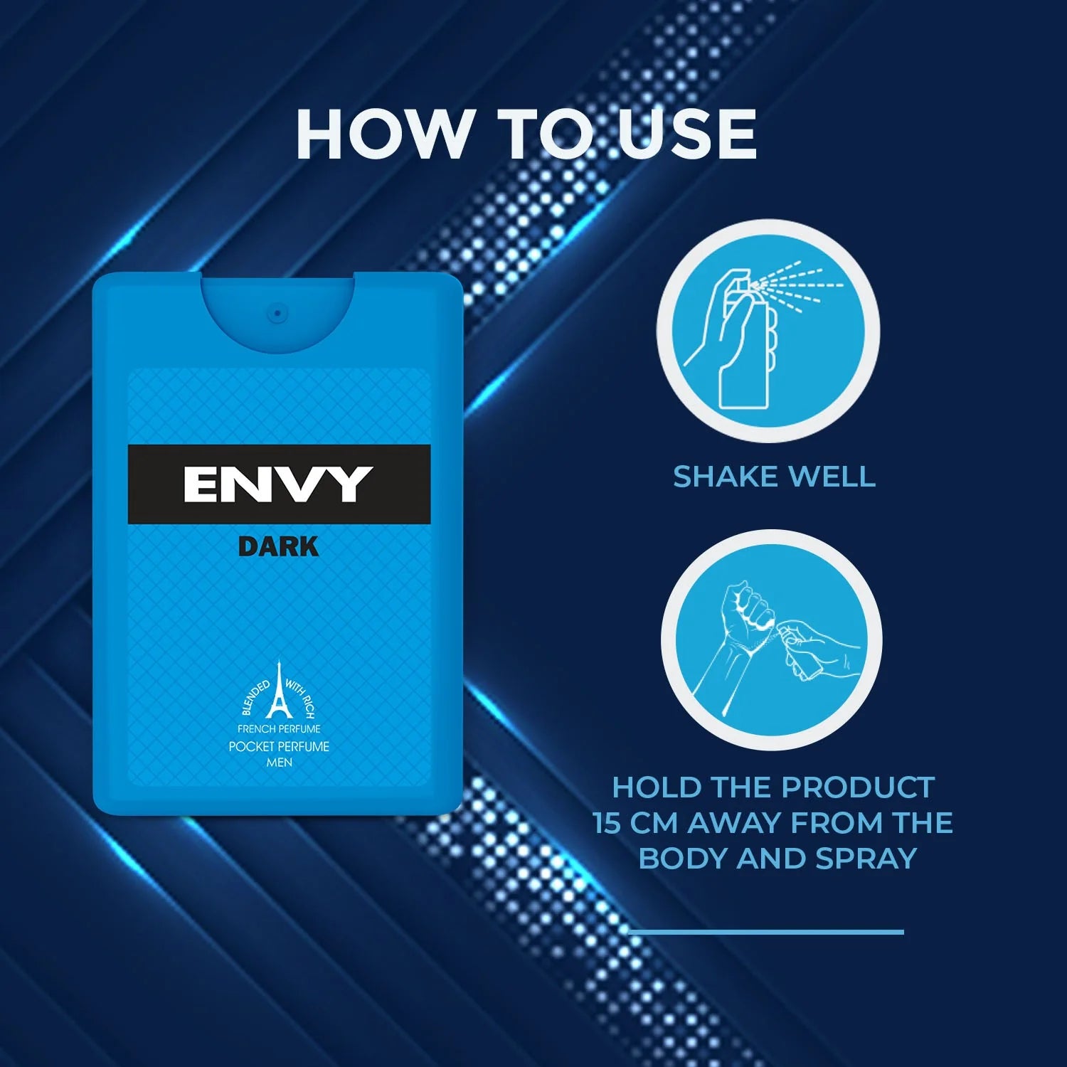 Envy dark pocket perfume packaging with usage instructions on a blue background