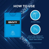 Envy dark pocket perfume packaging with usage instructions on a blue background