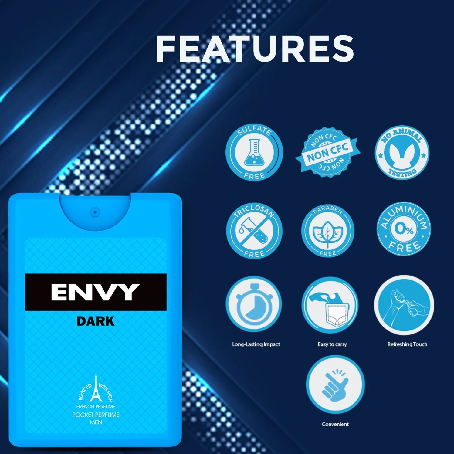 Product packaging labeled 'Envy Dark' with feature icons on a blue and black background