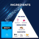 ENVy Dark perfume with ingredient list on a blue and white background