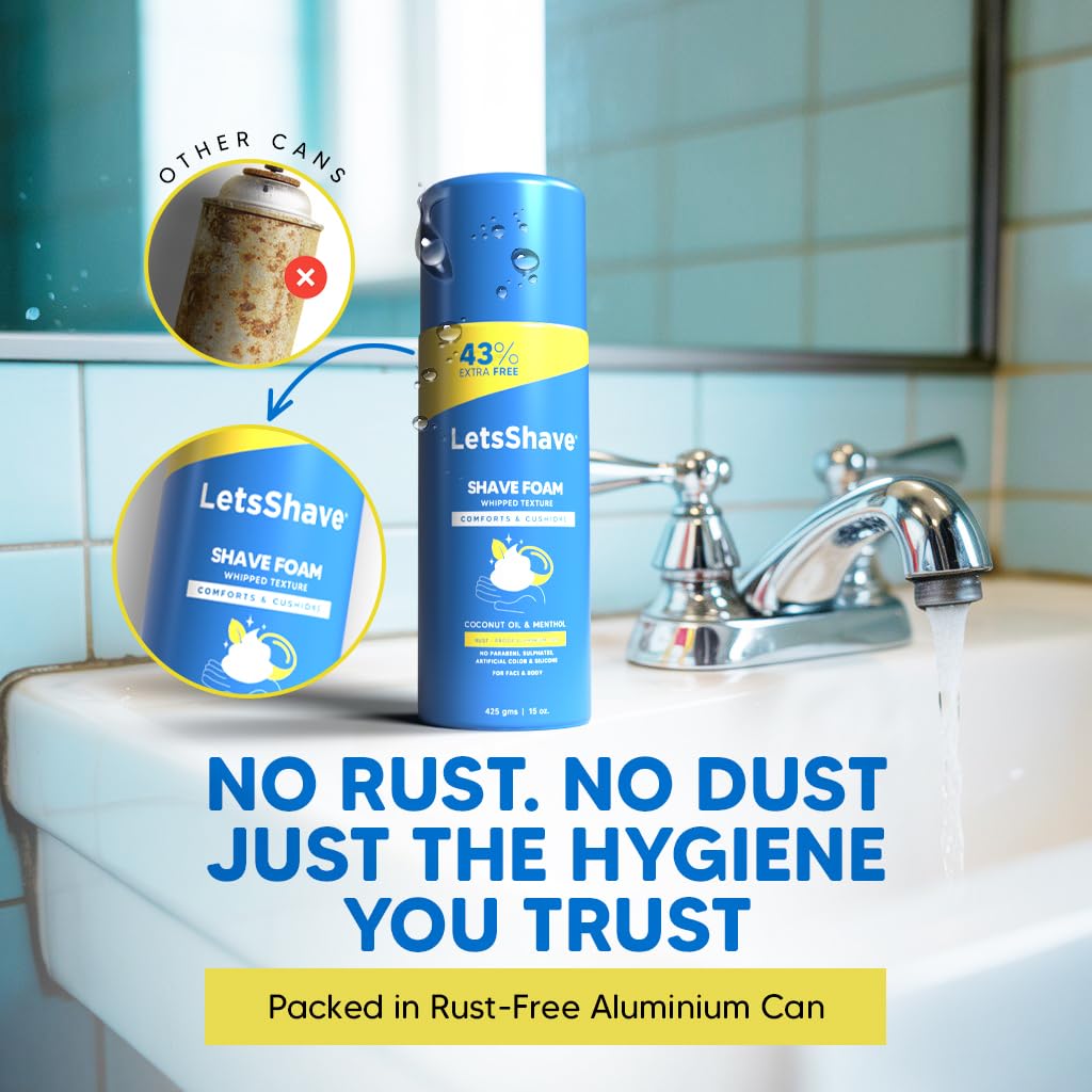 LetsShave Sensitive Shave Foam 425g – Coconut Oil & Menthol | Paraben & Sulphate Free | Rust-Proof Can | Smooth & Irritation-Free Shave