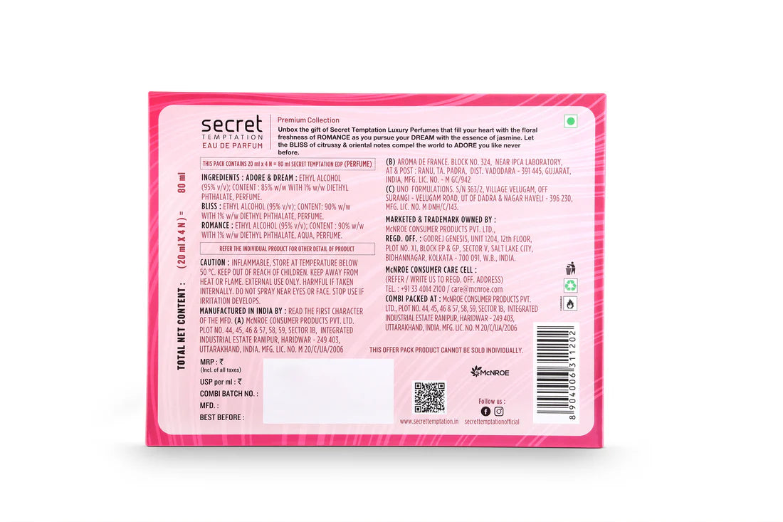 Secret Temptation Eau De Parfum Gift Set for Women, Pack of 4 (4 x20ml)