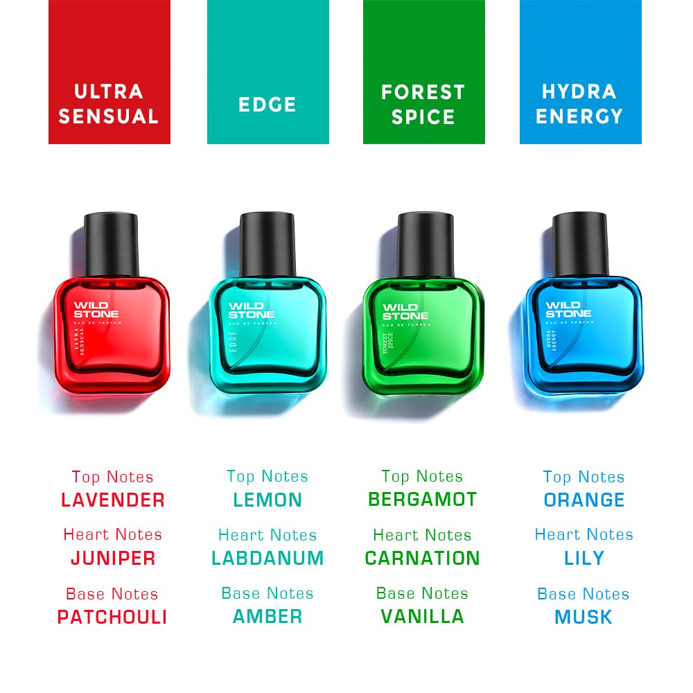 Wild Stone EAU DE Parfum Gift Set for Men, Pack of 4 (4x30ml) | Premium Fragrance Gift Set | Edge,Ultra Sensual, Hydra Energy & Forest Spice Luxury Perfume Gift Set
