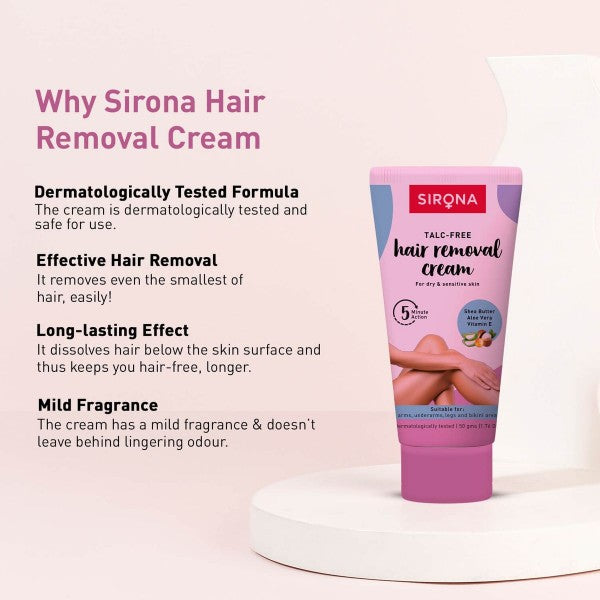 Sirona Talc Free Hair Removal Cream For Dry & Sensitive Skin With Aloevera, Vitamin E & Shea Butter (50 g)