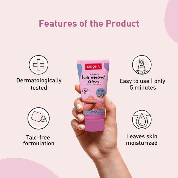 Sirona Talc Free Hair Removal Cream For Dry & Sensitive Skin With Aloevera, Vitamin E & Shea Butter (50 g)